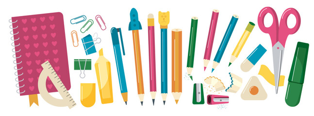 Bright vector illustration of school stationery including pencils, pens, scissors, notebook, erasers, sharpeners, and clips. Perfect for education, learning, and back-to-school themes.
