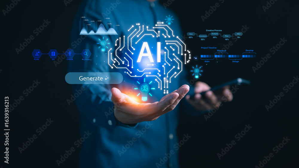 Poster businessman holding glowing ai brain interface with data analytics and creative process icons, repre