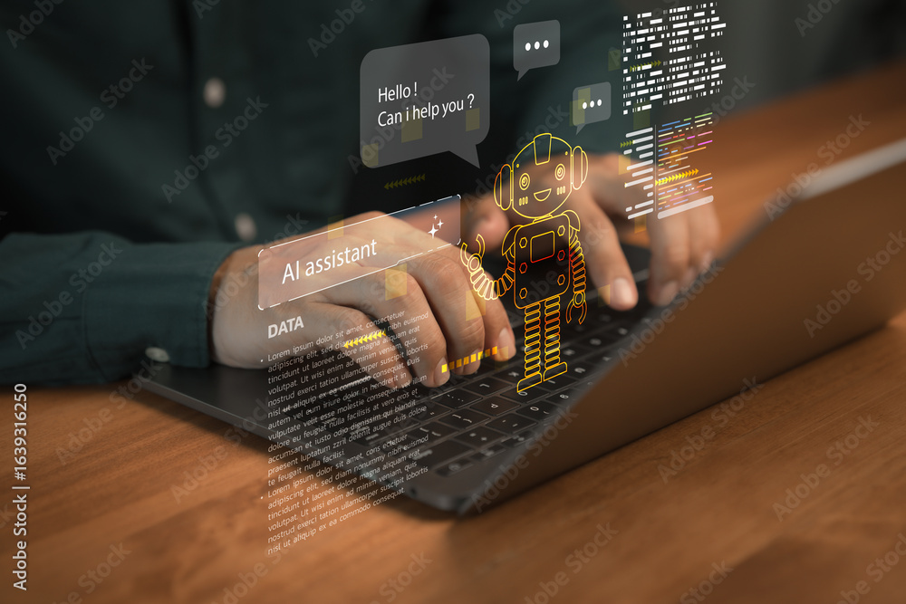 Aufkleber person typing on laptop with holographic ai assistant chatbot and data interface, representing artif