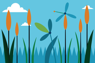 Abstract Illustration of Cattails and Wind Turbines against a Blue Sky with Clouds Promoting Green Energy and Sustainability