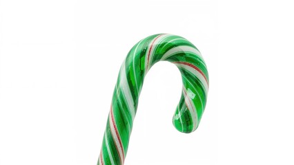 Fototapeta premium Holiday-striped mint candy cane on a white backdrop, closeup view.