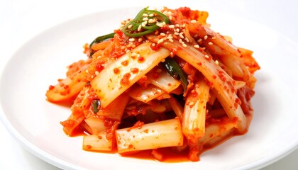 Spicy cabbage kimchi on white plate