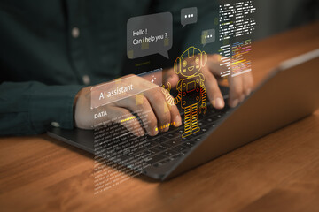 Person typing on laptop with holographic AI assistant chatbot and data interface, representing artificial intelligence, customer support, automation and smart digital communication.
