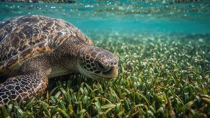 Obraz premium Green sea turtle seen eating seagrass in transparent shallow sea