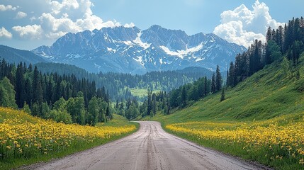 Summer road landscape in beautiful nature travel, summer colors in mountain road scenery