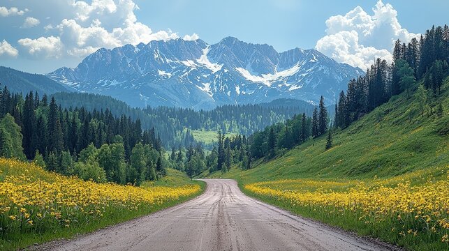 Summer road landscape in beautiful nature travel, summer colors in mountain road scenery