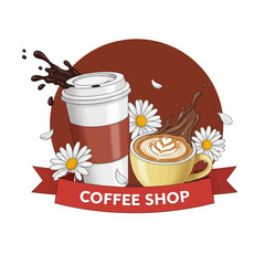 Graphic logo design for a coffee shop with a takeaway cup, latte art, and dynamic chocolate splashes