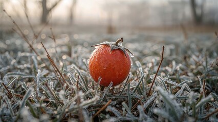 Flowering rosehip captured against a frosty forest backdrop