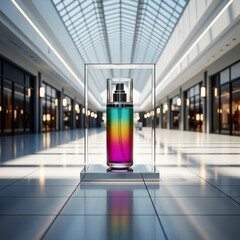 Elegant Colorful Beauty Product Display in Sunlit Modern Mall