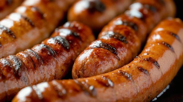 Delicious grilled sausages sizzling on barbecue grill close up.