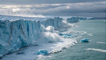 Arctic glacier calving into ocean with ice chunks, dramatic polar landscape, climate change visualization, towering ice cliffs meeting water.