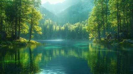 Unsurpassed quiet lake in the morning light surrounded by a forest, tree reflection on the water surface