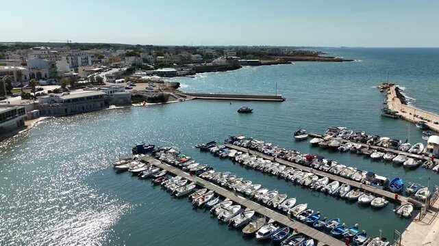 Aerial drone view of Torre a Mare in Puglia, southern Italy, showcasing the scenic coastline, marina with moored boats, and charming seaside town.