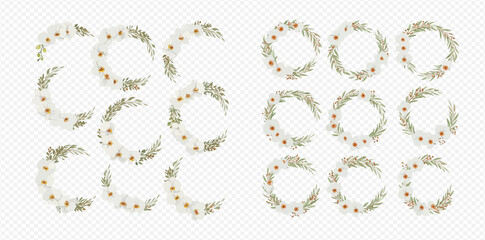 A beautiful collection of delicate watercolor wreaths with white flowers and green foliage.