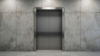 Elevator door in metallic silver, blank for branding, set on concrete wall