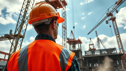 Construction Worker in Orange Vest Overlooking Construction Site