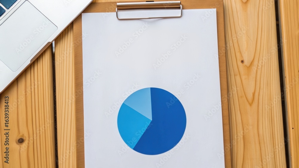 Poster a clipboard with a blue pie chart sits on a wooden table near a laptop, showcasing data visualizatio