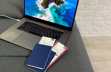 Passport, boarding pass, credit card and tourist map . Travelling, tourism concept. High quality...