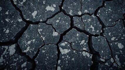 Monochrome rocky surface with cracked and shattered volcanic stone textures, detailed close-up.