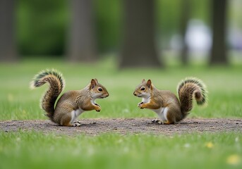 Two adorable squirrels facing each other on a grassy path in a park with trees in the background