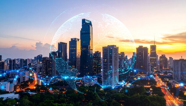 Global Connectivity Over a Cityscape at Sunset