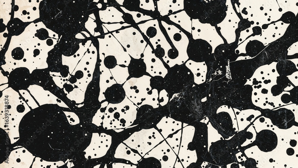 Poster retro design background with black and white grungy paint splatter and textured overlay