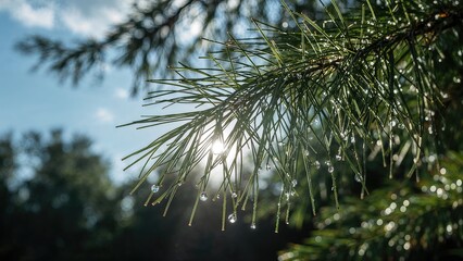 Obraz premium Cluster of pine needles glistening with early morning dew