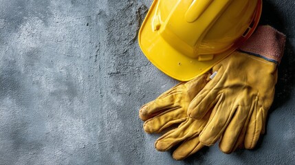 A yellow hard hat and a pair of yellow gloves are on a grey surface