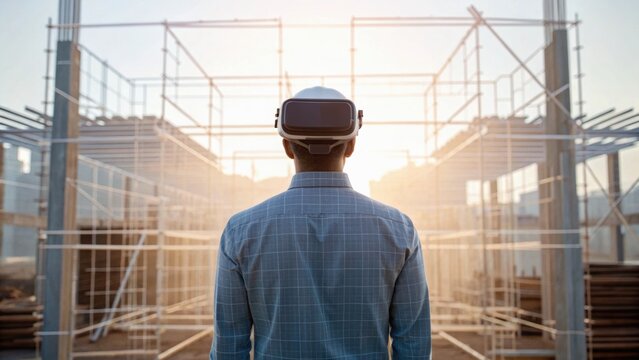 A person wearing a VR headset stands in front of a virtual construction site, blending technology and architecture in a modern setting.