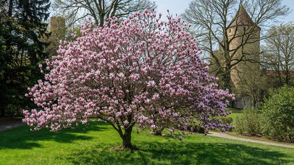 Fototapeta premium Magnolia tree in full bloom within historic gardens