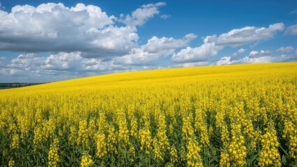 Fototapeta premium Bright yellow canola flowers stretch across rolling hills beneath a partly cloudy blue sky on a pleasant day