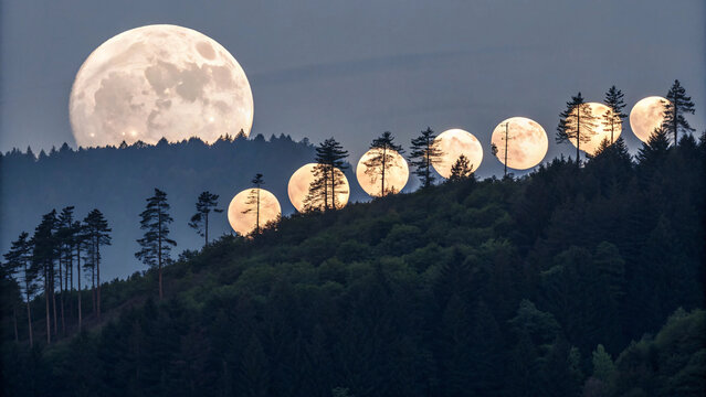 Multiple moon phases composite showing lunar progression over forested hillside with evergreen trees silhouetted against twilight sky