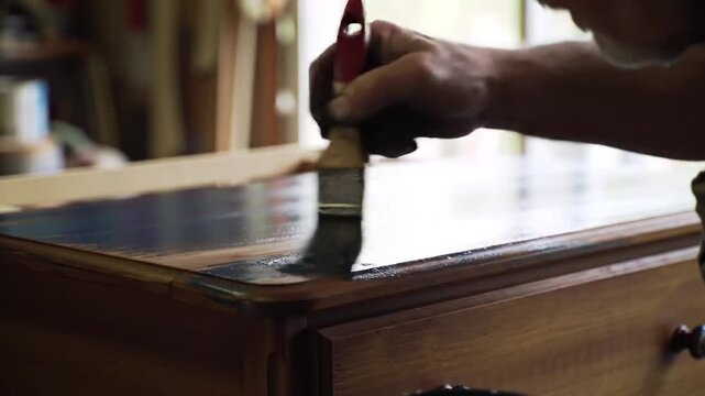 A craftsman carefully applies a coat of varnish to a wooden , enhancing its appearance and protecting it from wear and tear.