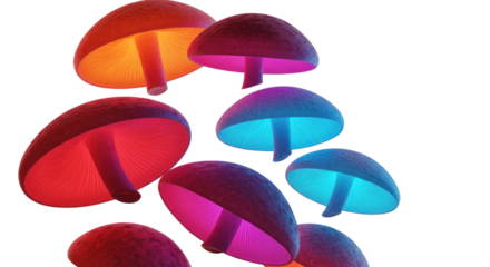 Illuminated Mushrooms Displayed Against a Black Transparent Background with Vibrant Neon Colors