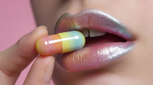 Glossy rainbow lips with capsule.