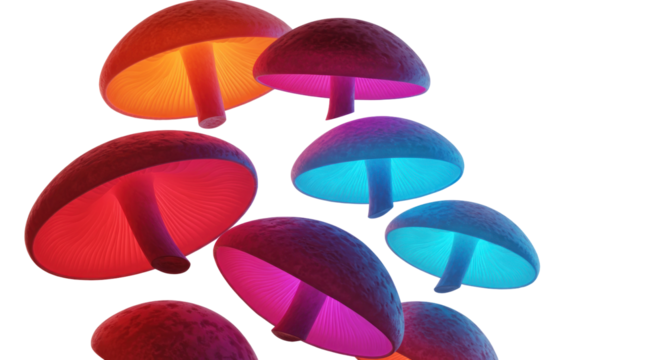 Illuminated Mushrooms Displayed Against a Black Transparent Background with Vibrant Neon Colors
