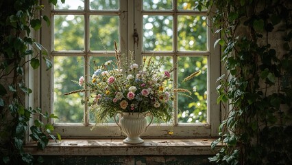 Fototapeta premium Summer wildflowers placed in a vase at the window of a traditional rural house