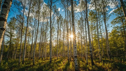Sun shining over a birch tree grove with a clear blue sky behind