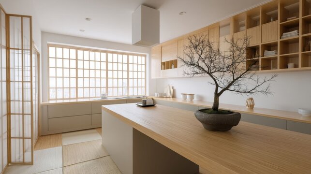 Minimalist Japanese kitchen with bonsai.