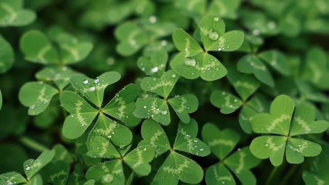 Lucky Clovers: Fresh Green Field with Dew Drops, Nature's Beauty