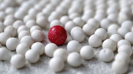 One red marble among many white ones.