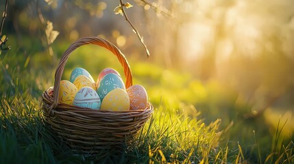 Easter painted eggs in basket on grass in sunny orchard