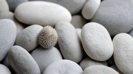 One spiky shell among smooth stones.