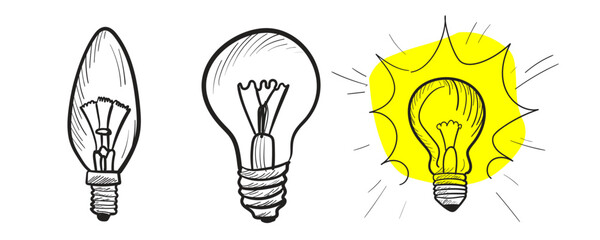Light bulb sketch icon set. Doodle lamps, hand drawn idea concept, scribble lightbulbs