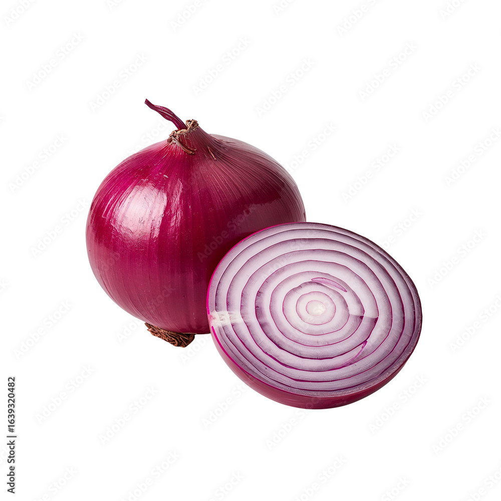 Poster vibrant ruby onion pair showing concentric rings and natural texture for culinary use