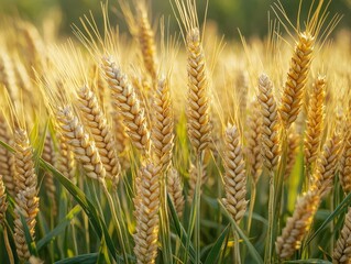 Field of wheat in sunny day, close up of ripening wheat ears, crops field, rural landscape