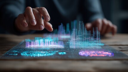 Futuristic Data Visualization with Hands Interacting with Graphs