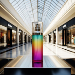 Elegant Colorful Beauty Product Display in Sunlit Modern Mall