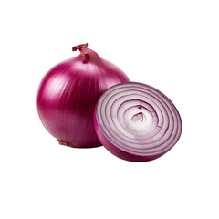 Vibrant botanical still life showcasing a whole red onion and a cleanly sliced section on a