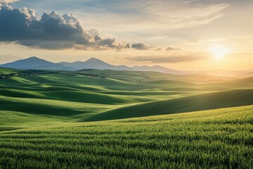 Landscape of green field and meadow in a hill countryside with mountains and beautiful sunset